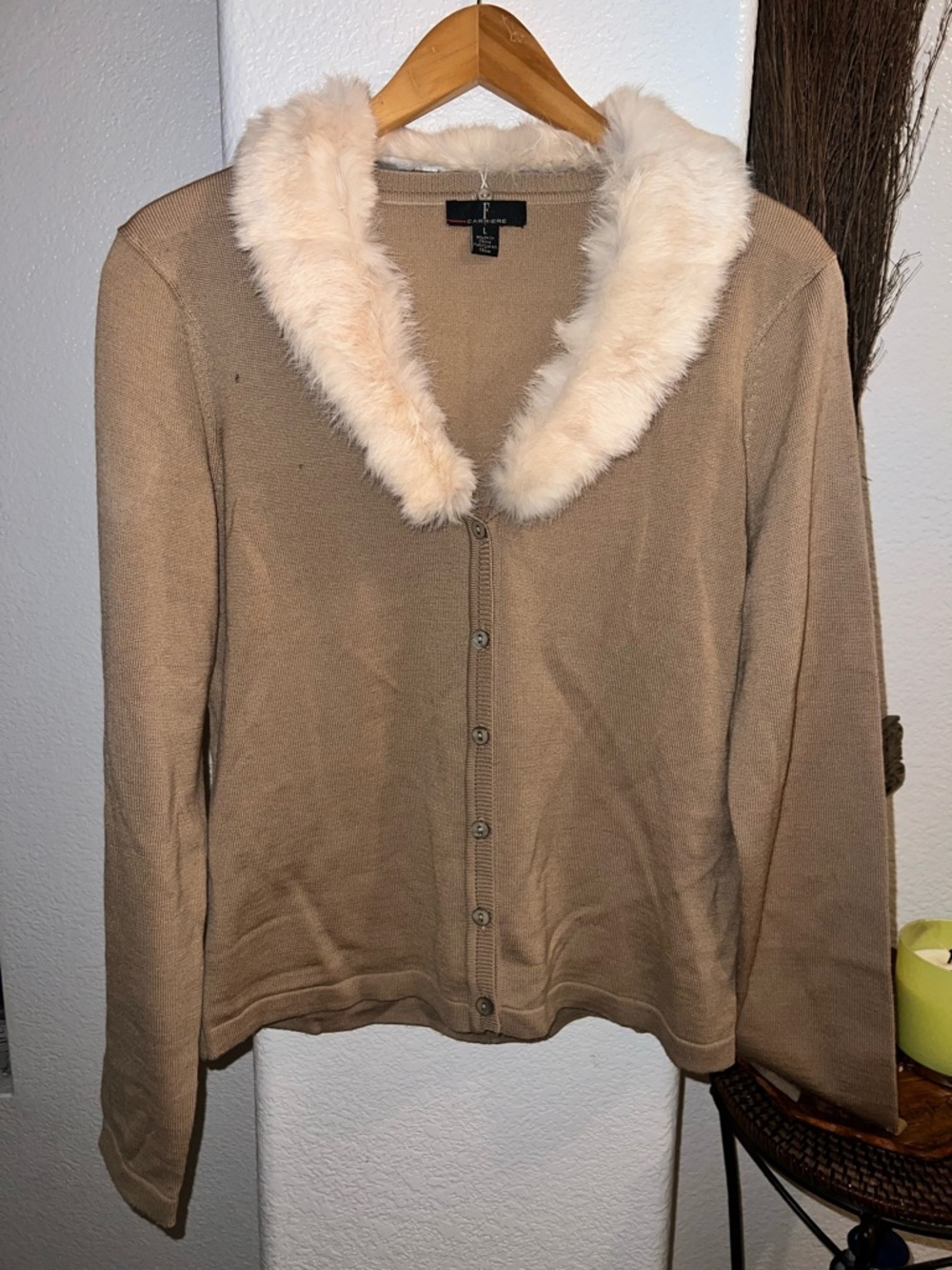 Tan Cardigan with Fur Collar